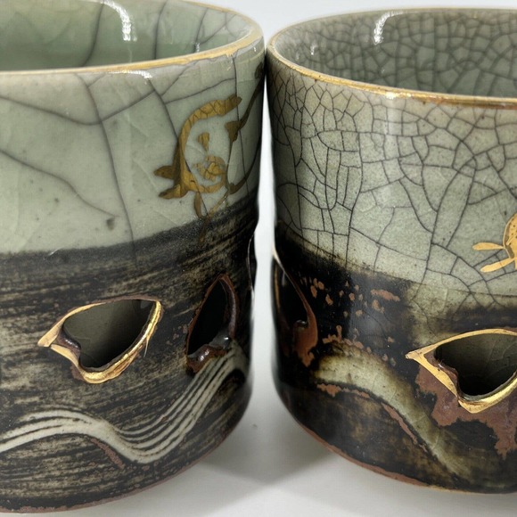 Vtg 4 Green Brown Somayaki Japan Double Wall Crackle Glazed Heart Tea Cups 200ml - Picture 7 of 16